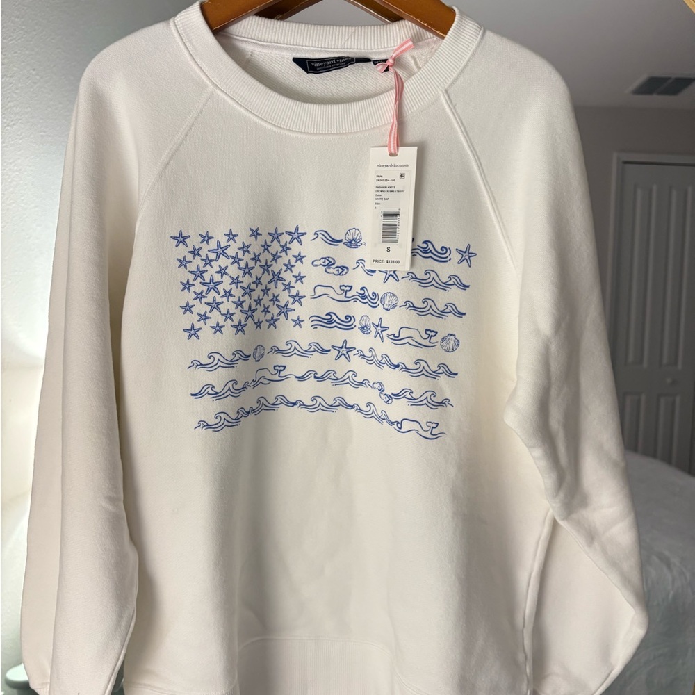 Vineyard Vines Cream Pullover with Blue Nautical Print